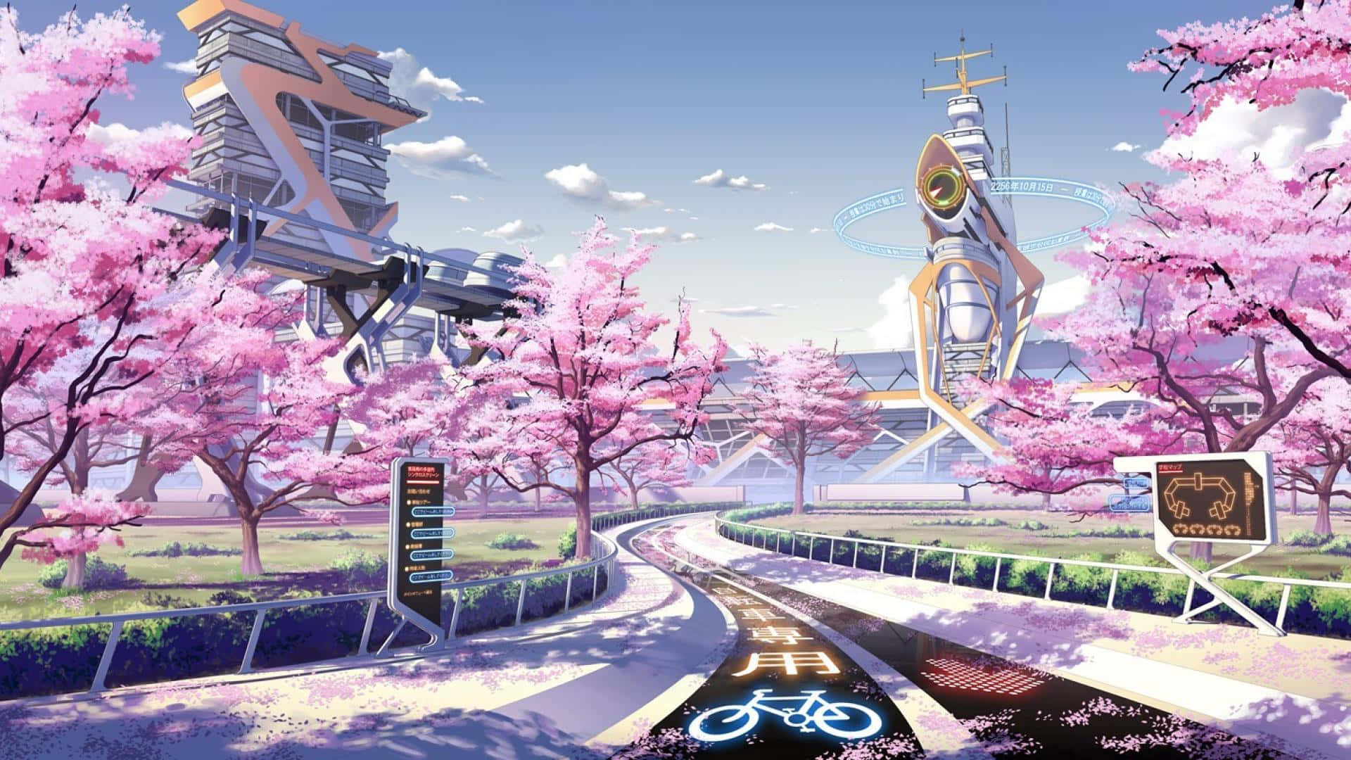 未來城市道路，櫻花夾道，藍天之下。