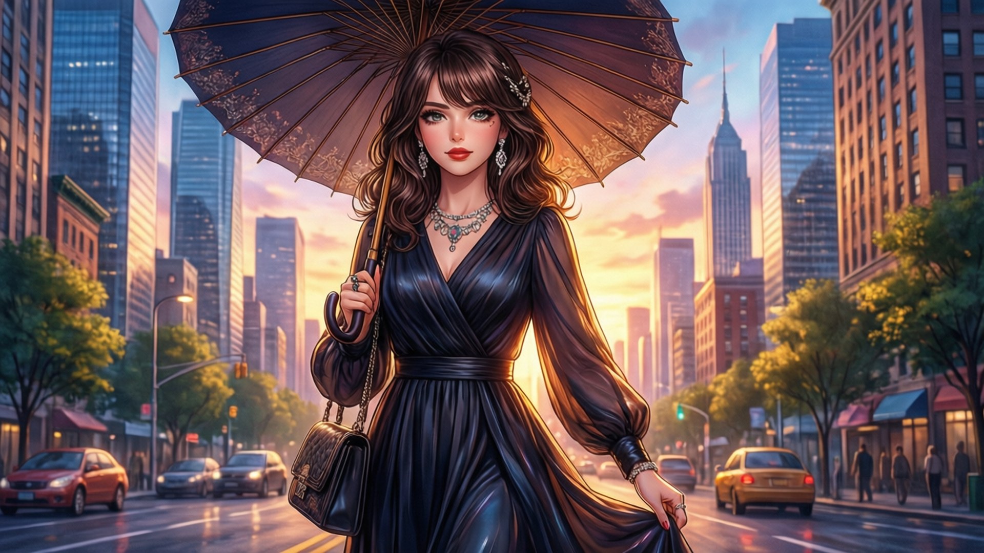 優雅女士在金色日落中撐著陽傘走過城市街道。