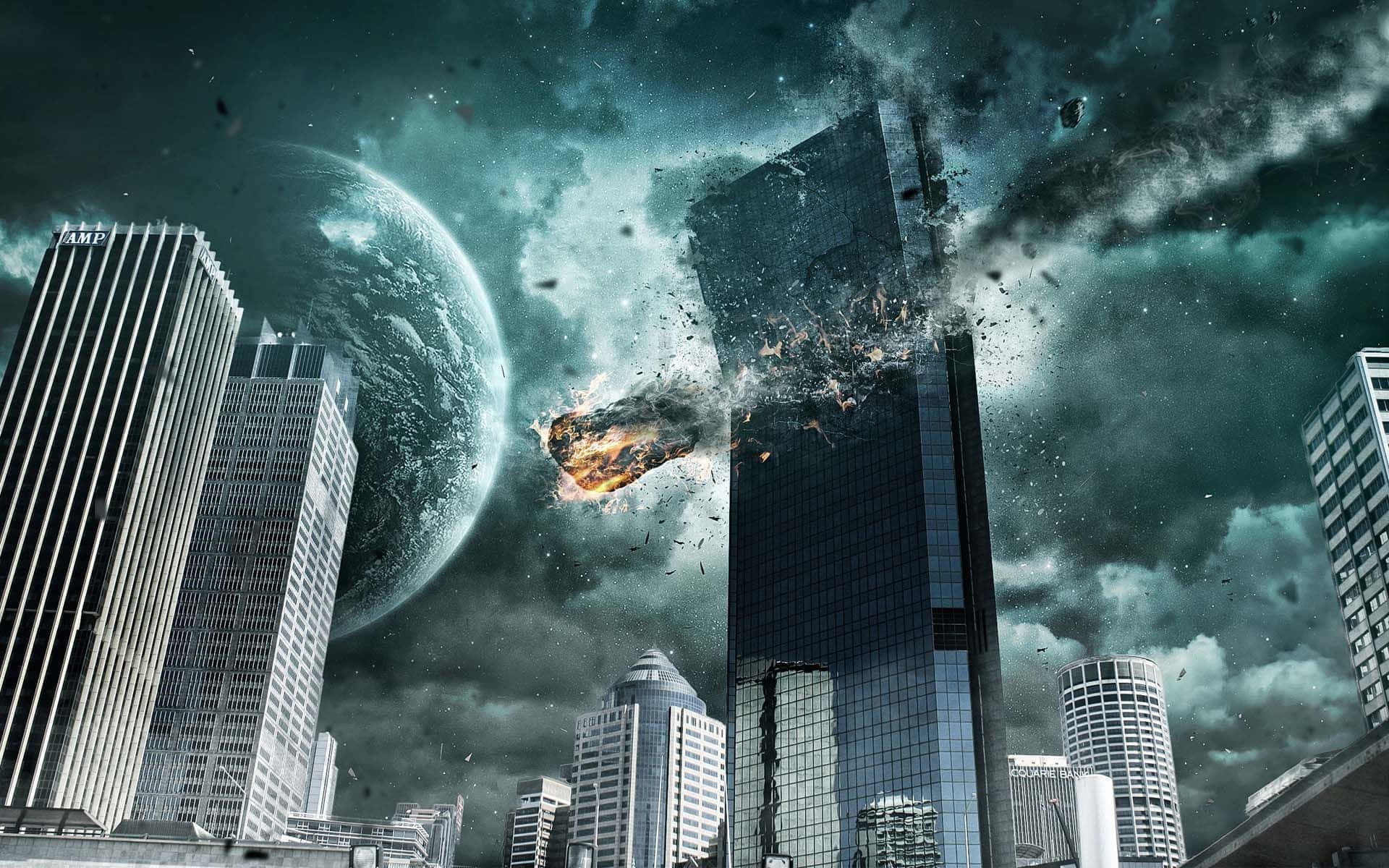 城市烈焰 壁紙 — 一座巨大的摩天大樓爆炸，一顆熾熱的流星穿過暴風雨的天空，背景中有一個行星的未來城市景觀。