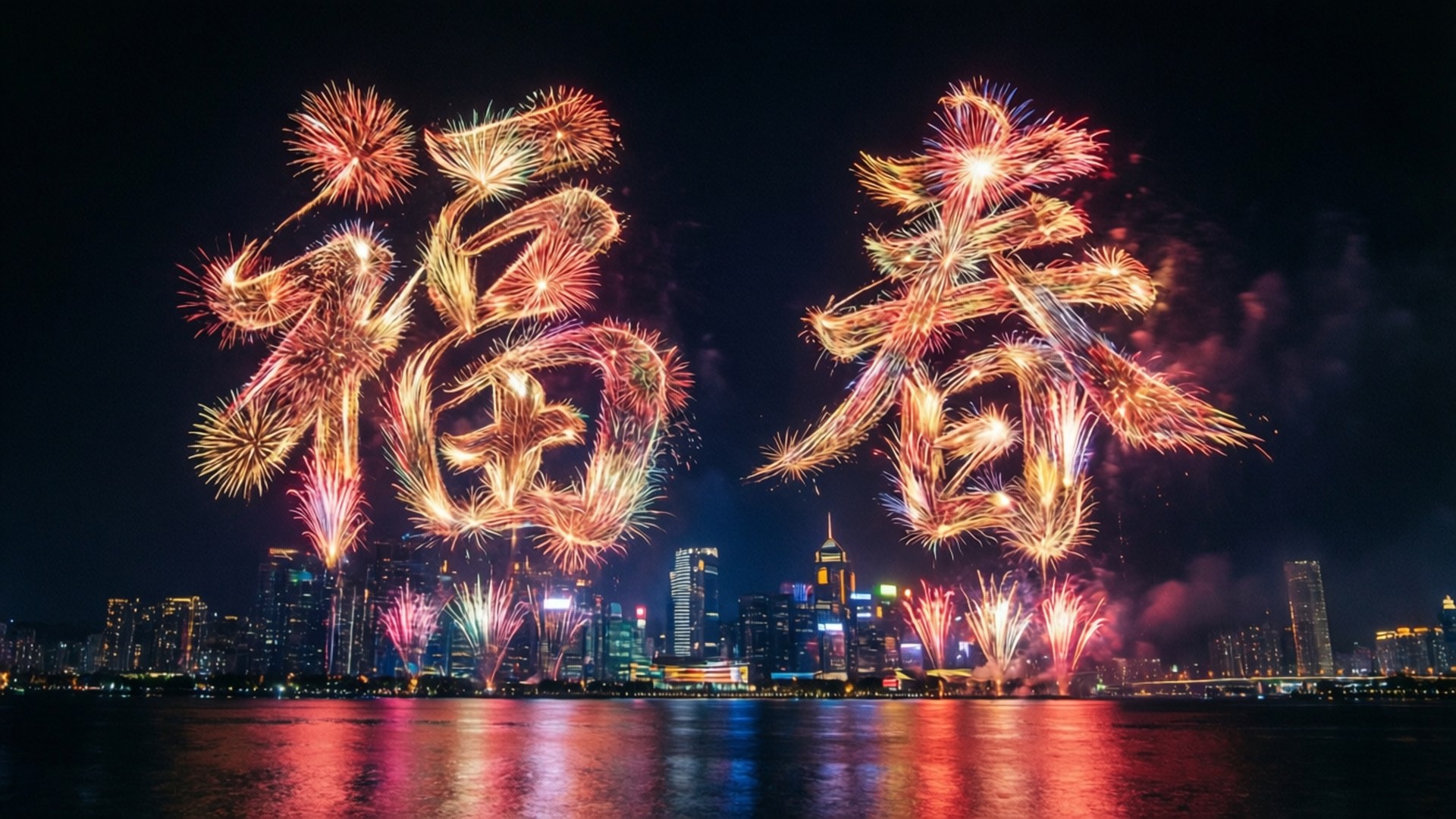 城市天際線與煙花組成的中文字，倒映在水面上。