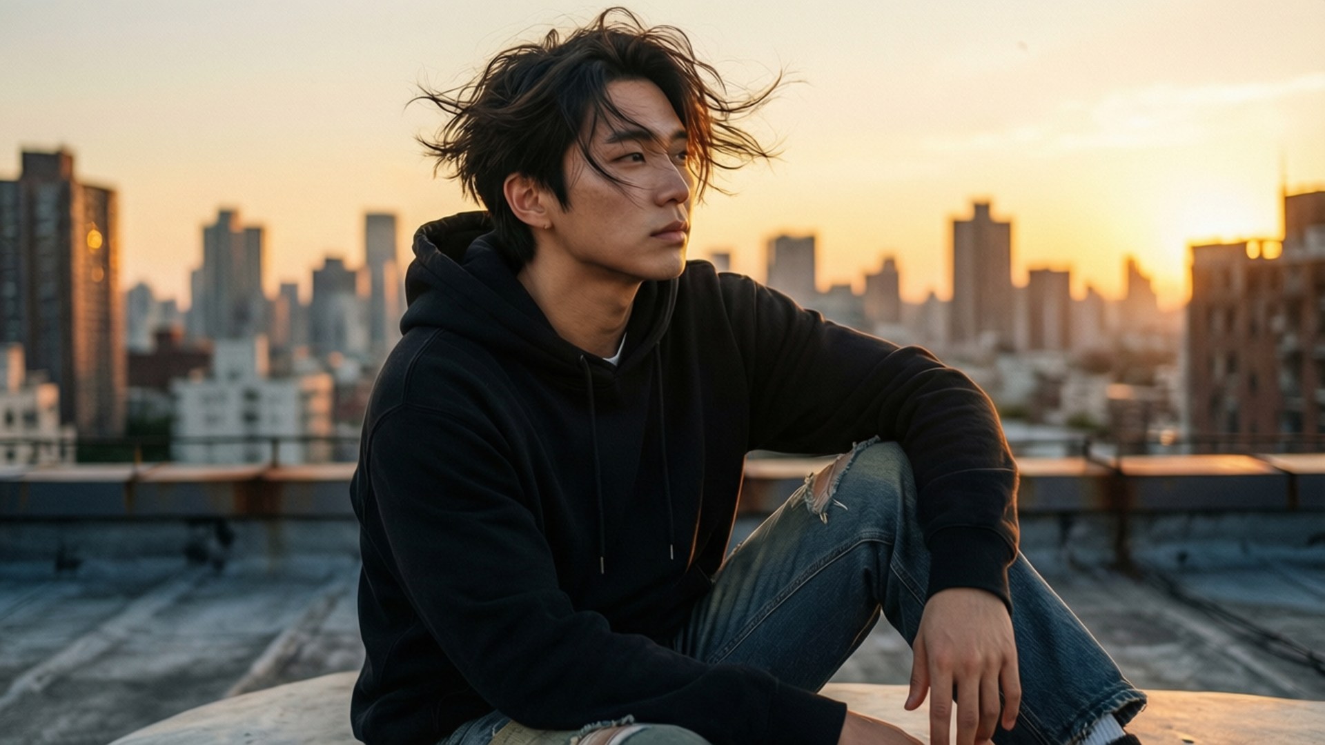 城市燈光 壁紙 — 一個年輕男子坐在屋頂上沉思，金色的夕陽餘暉灑在他身後的城市天際線上。
