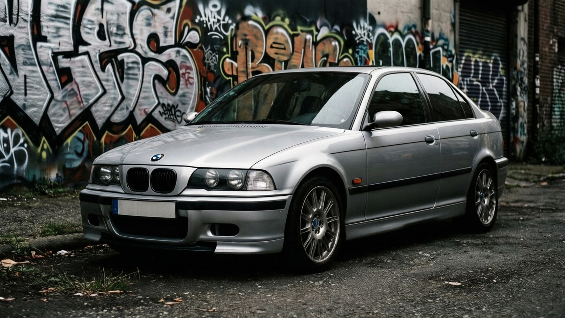 銀色BMW轎車停放在城市小巷中色彩繽紛的塗鴉牆旁。