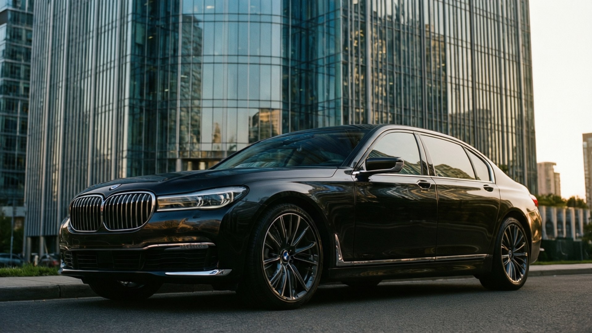 城市經典 壁紙 — 一輛時尚的黑色BMW豪華轎車停泊在城市的街道上，玻璃摩天大樓在其拋光表面反射。