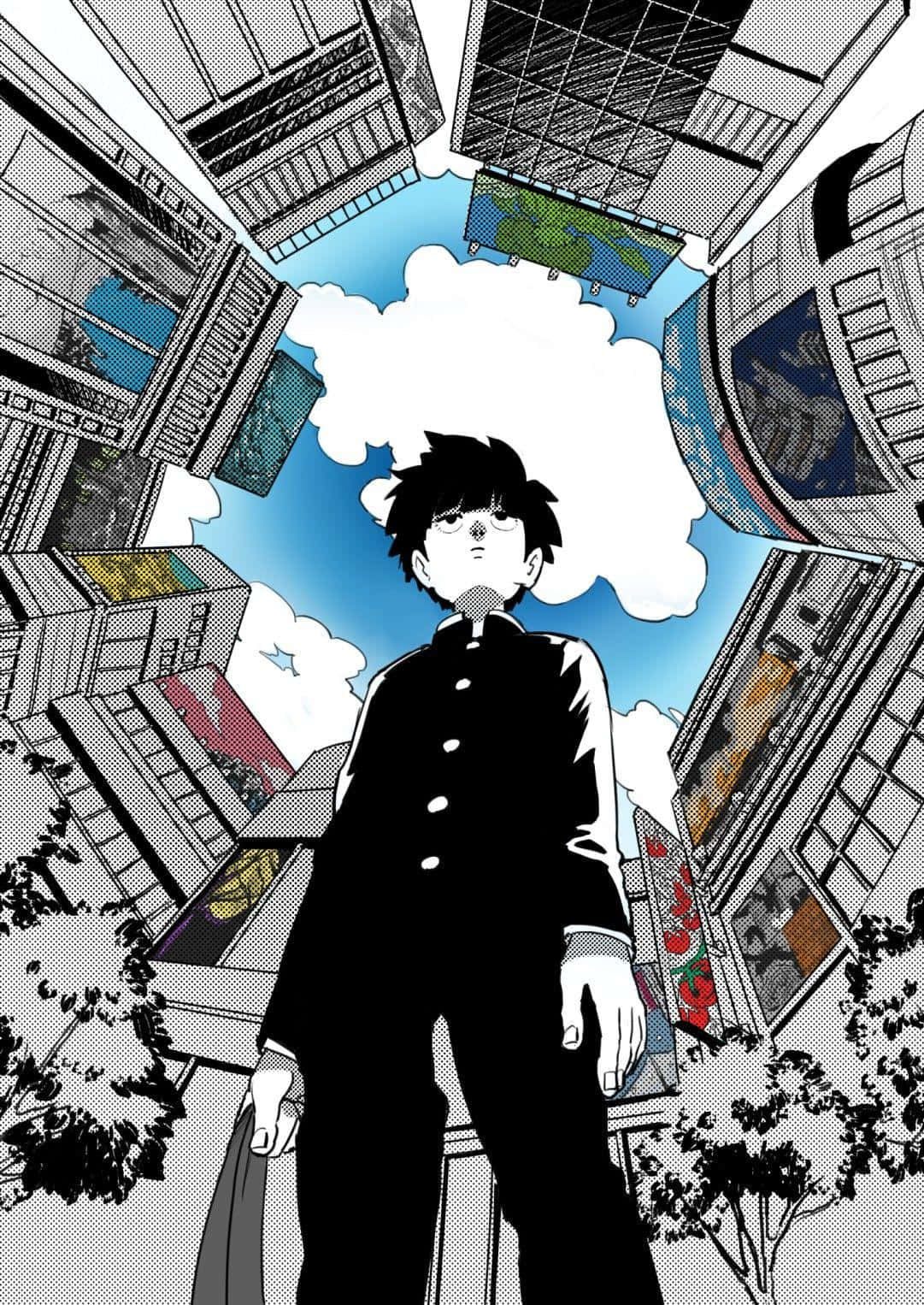城市背景《路人女主》iPhone 壁紙 — 一個孤獨的動畫男孩穿著黑色制服，站在雲層天空下，被高聳傾斜的建築物包圍，形成一個風格化的城市景觀。