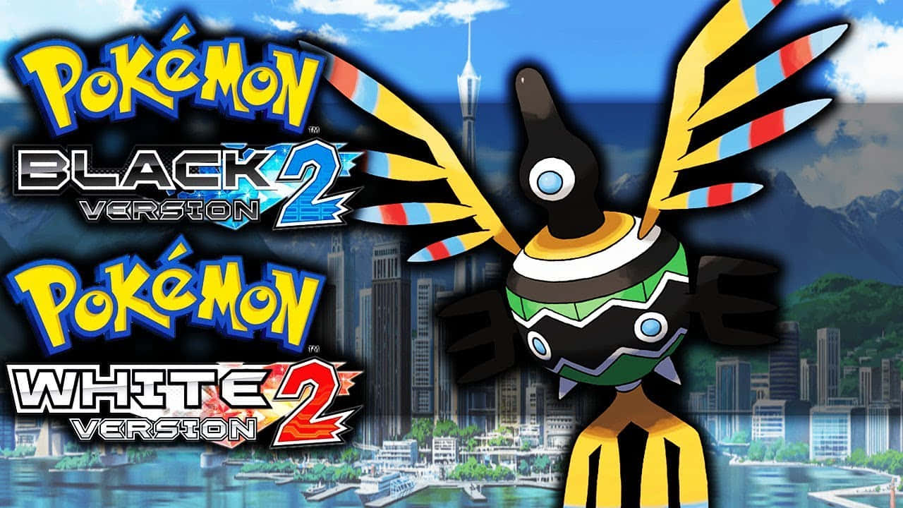 《寶可夢 黑2》和《白2》遊戲封面，城市上空有一隻色彩繽紛的鳥類寶可夢。
