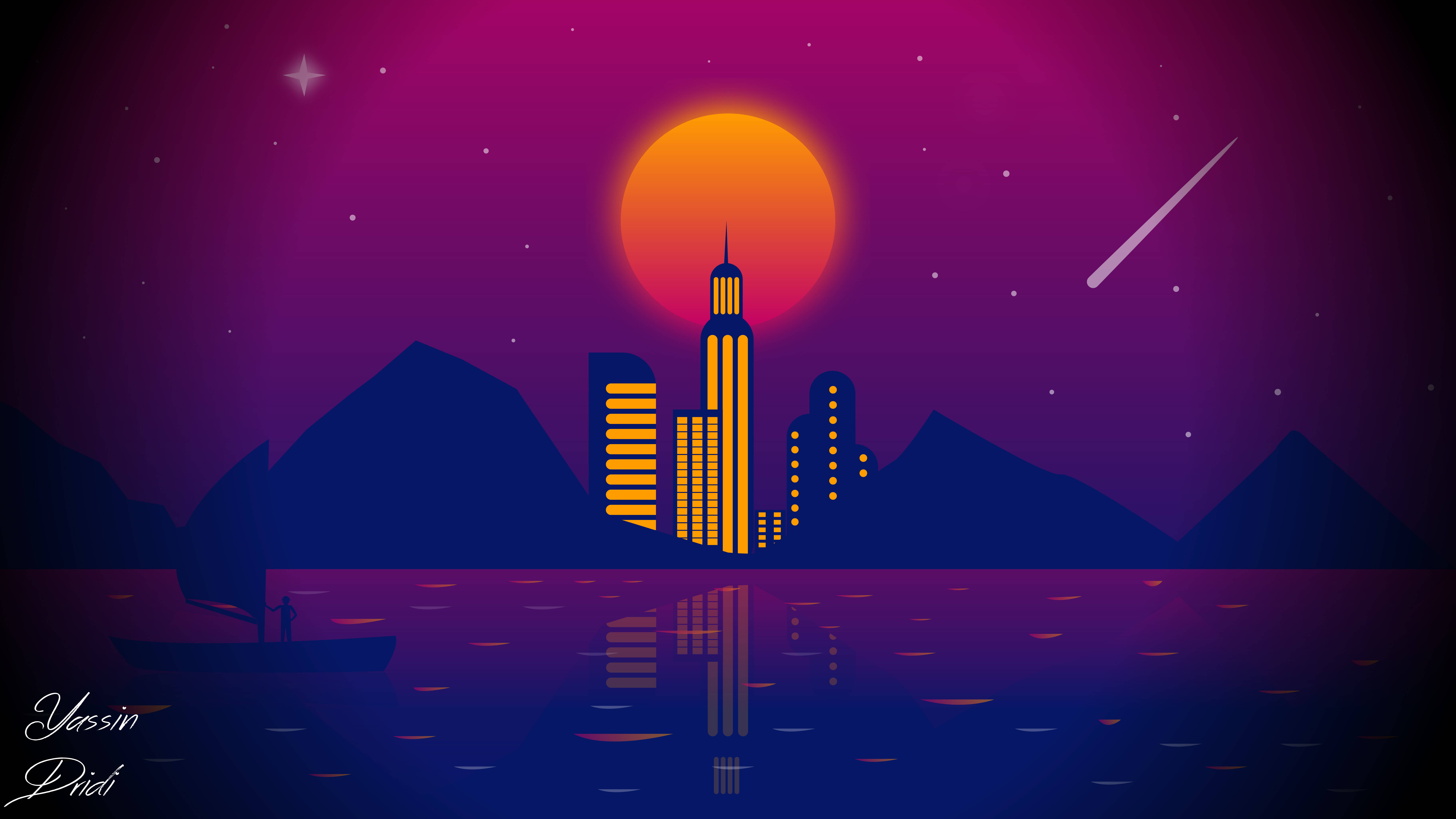 城市藝術與流星 壁紙 — 一個風格化的城市天際線，發光的摩天大樓在充滿活力的紫色日落和流星下倒映在水面上。