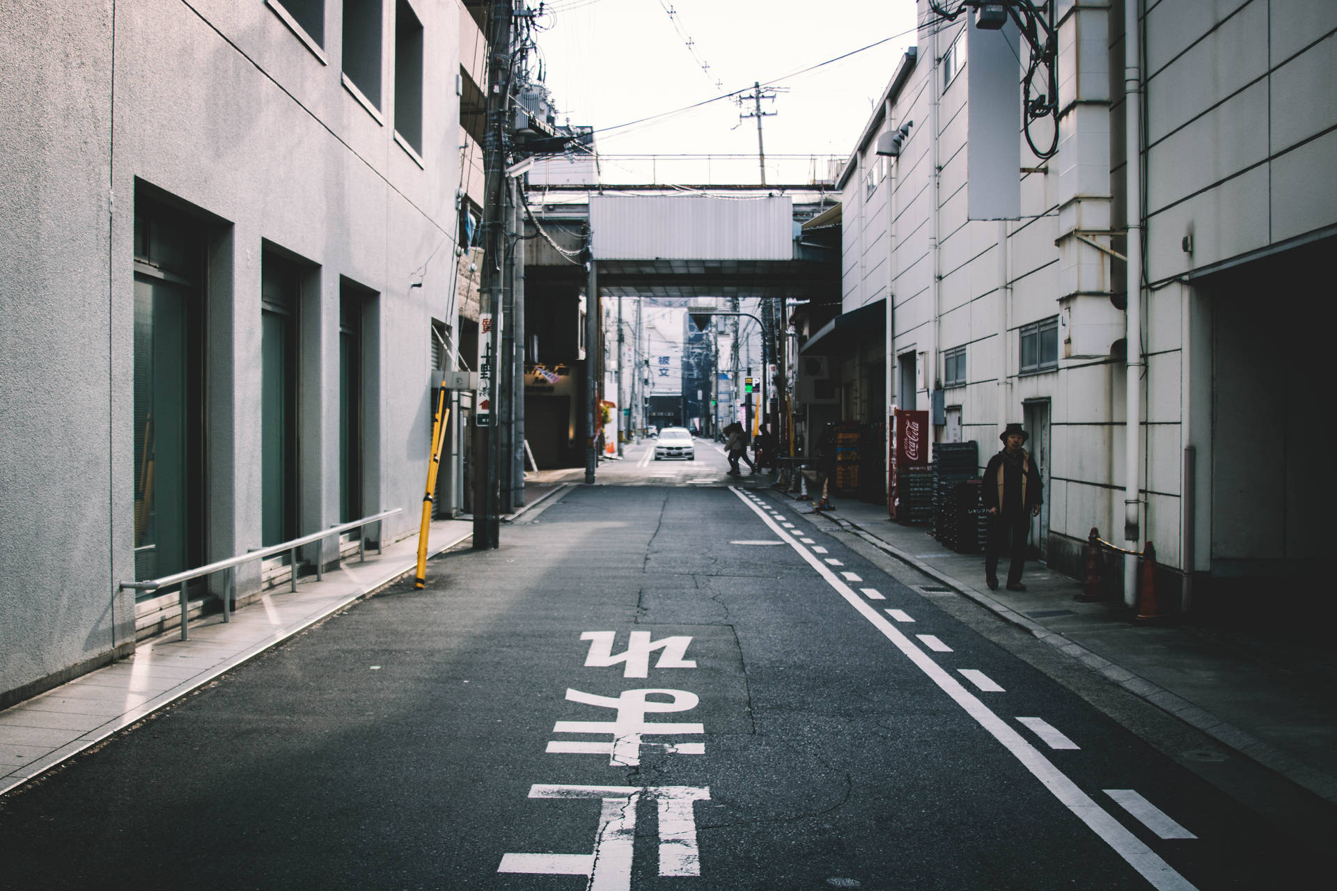 狹窄的日本街道，有行人和天橋下的白色道路標記。