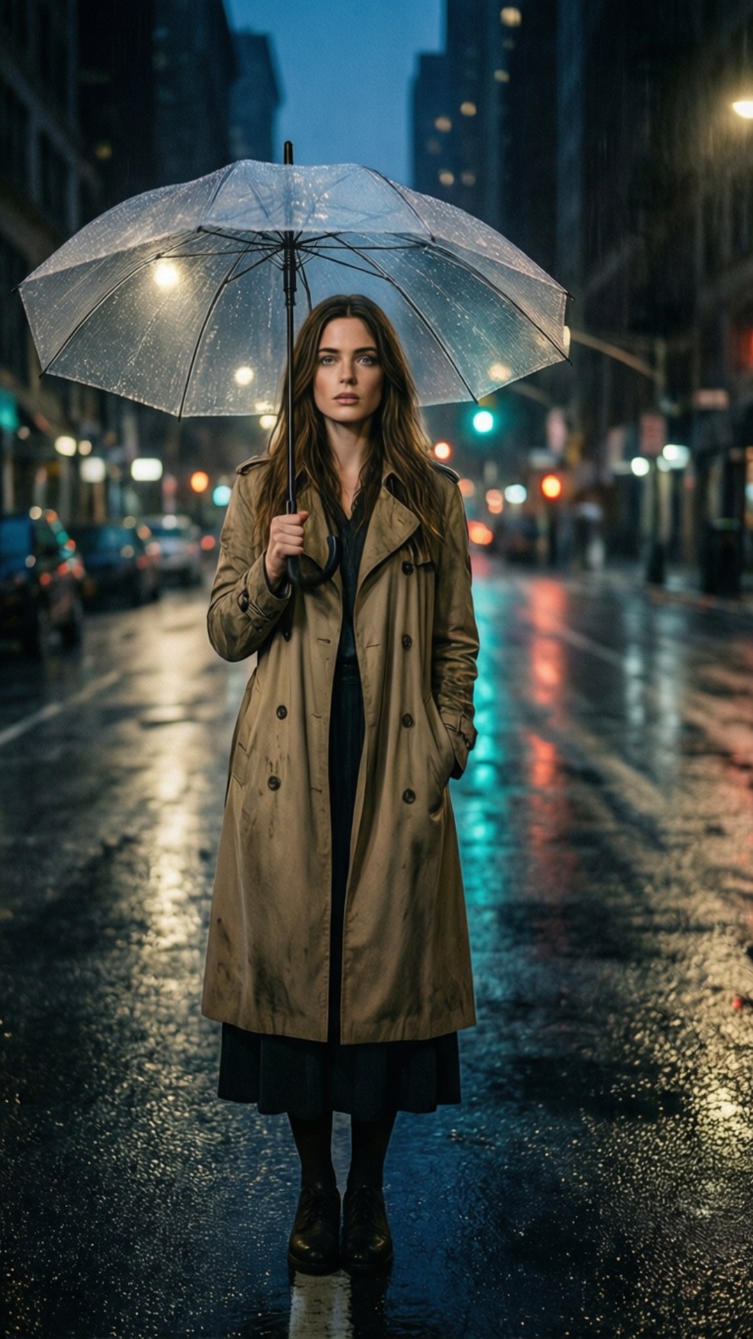 城市雨夜 壁紙 — 一位身穿米色風衣的女性撐著透明雨傘，獨自站在夜晚被雨水浸濕的城市街道上，發光的街燈在濕漉漉的人行道上反射。