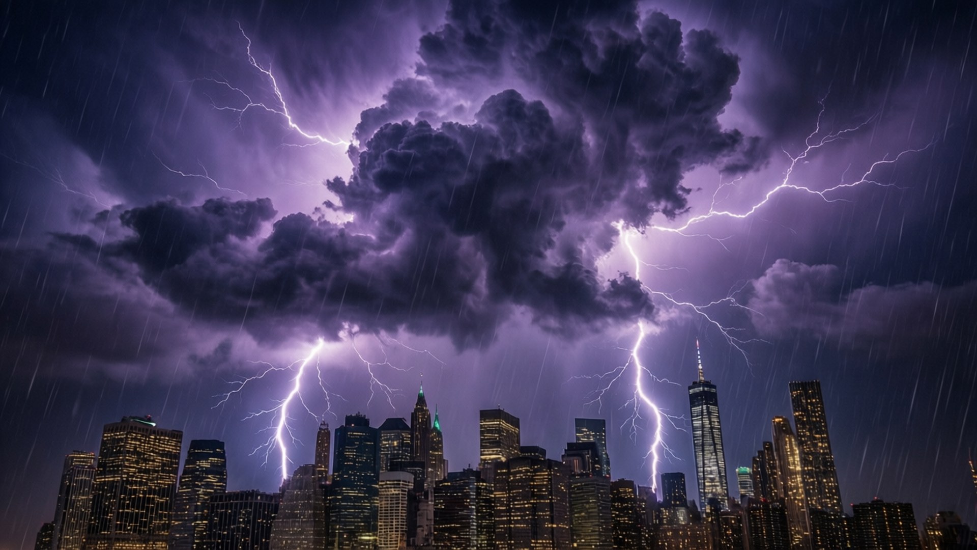 城市雷暴 壁紙 — 一場戲劇性的紫色雷暴在雨濕的夜晚城市天際線上肆虐，下方是燈火通明的摩天大樓。