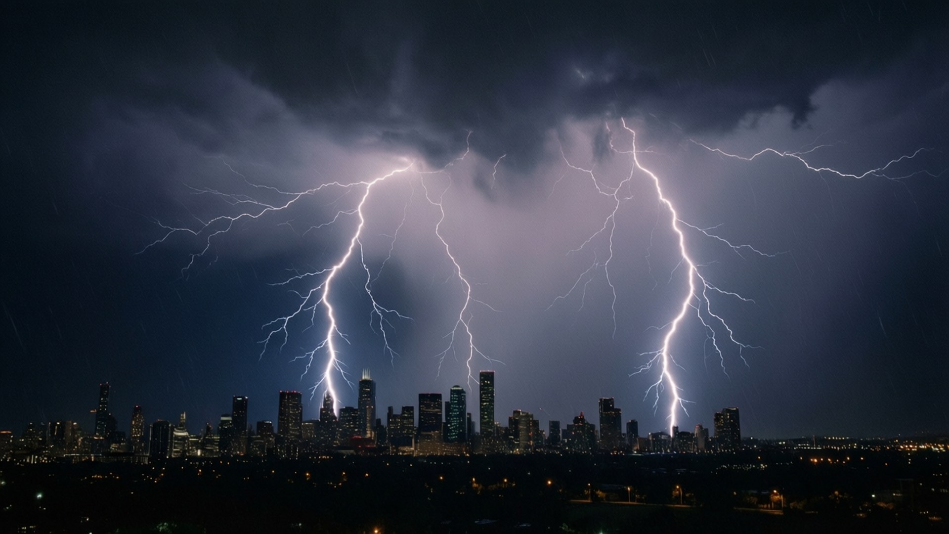 閃電在暴風雨之夜照亮城市天際線。