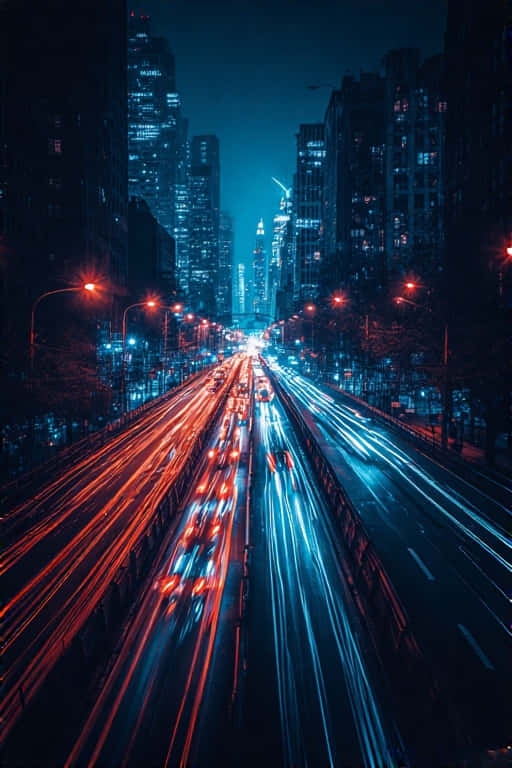夜晚的城市高速公路，高樓之間有紅色和藍色車燈的條紋。