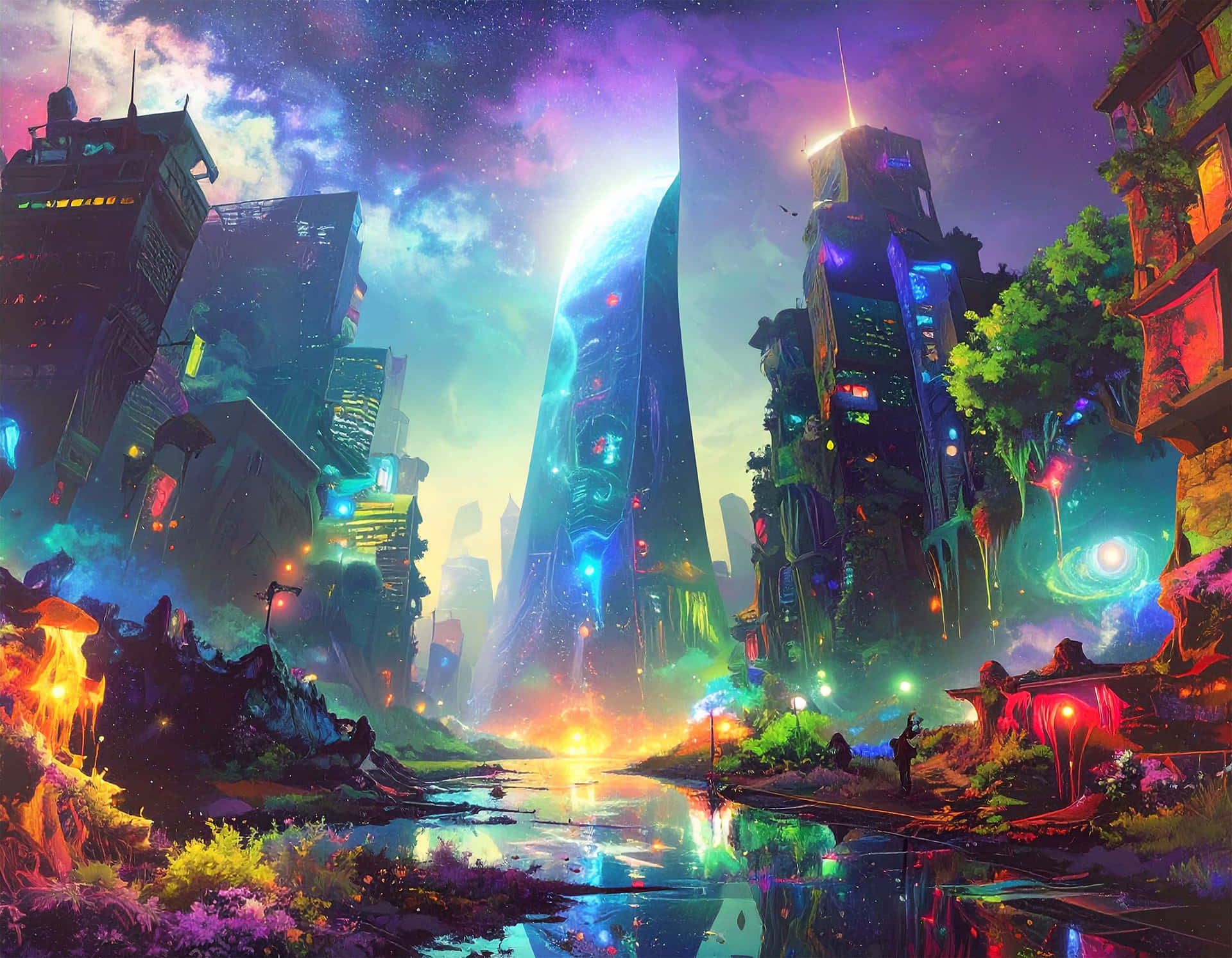 未來城市，發光的建築物和星光下反射的河流。