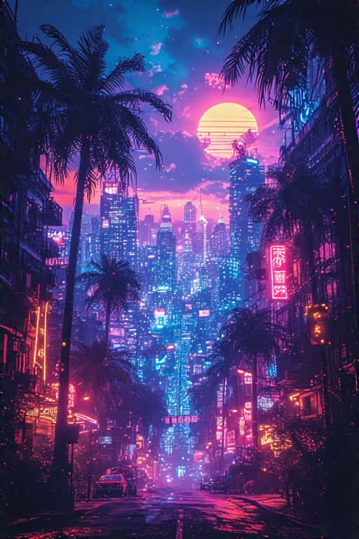 一條霓虹燈照亮街道，有棕櫚樹和高樓大廈，在閃耀的夕陽天空下。