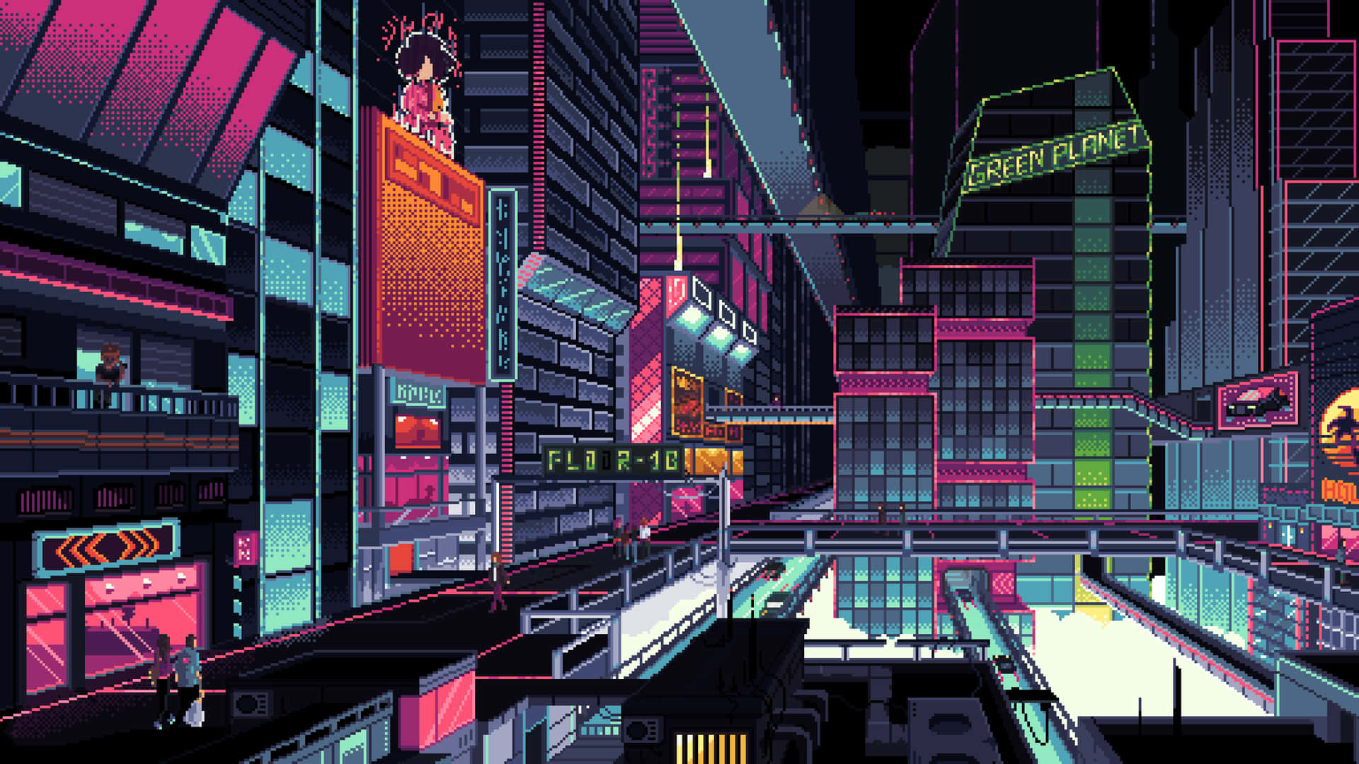 霓虹燈照亮未來主義城市街道夜景，帶有發光招牌和像素化建築。