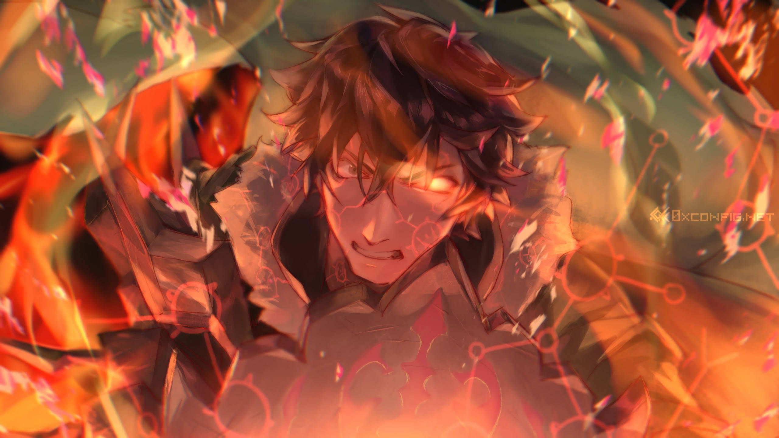 城惠伊達，盾之勇者，戰鬥波浪魔物 壁紙 — 一個堅定的動漫戰士，眼睛發光，被熾熱的能量和發光的電路圖案包圍。