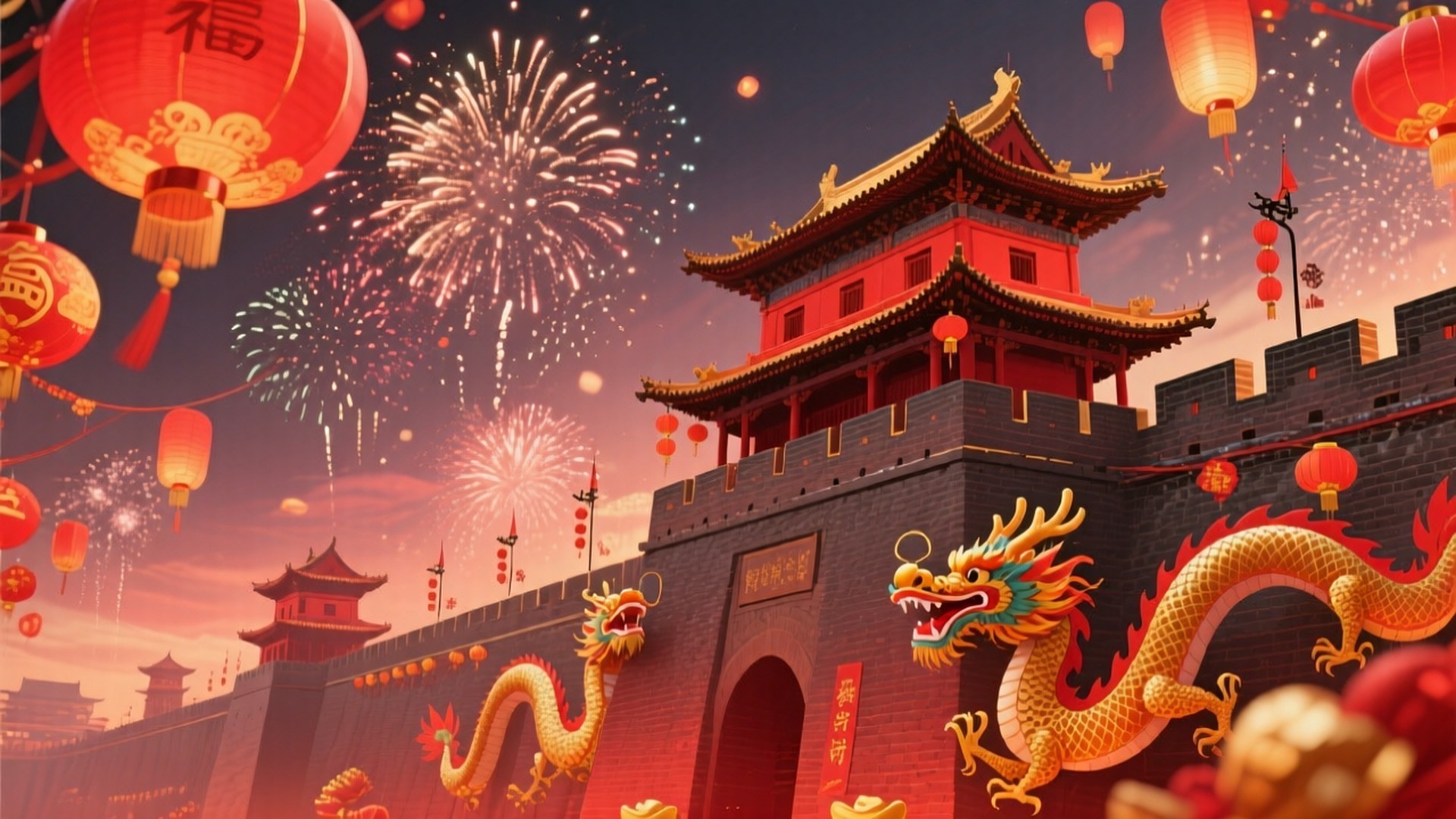 金龍和紅燈籠在傳統塔樓上空以煙火慶祝農曆新年。