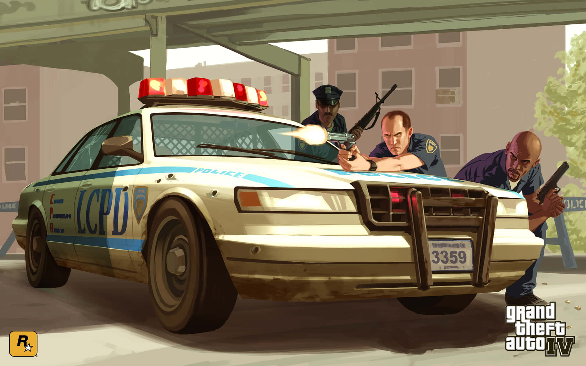 三名武裝警員在城市環境中蹲在巡邏車後面。