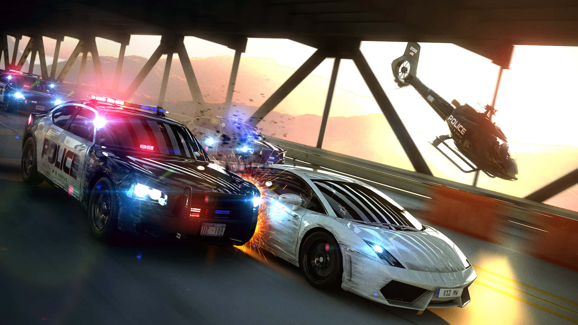 警車在橋下追逐一輛白色跑車，直升機在日落時分在上空盤旋。