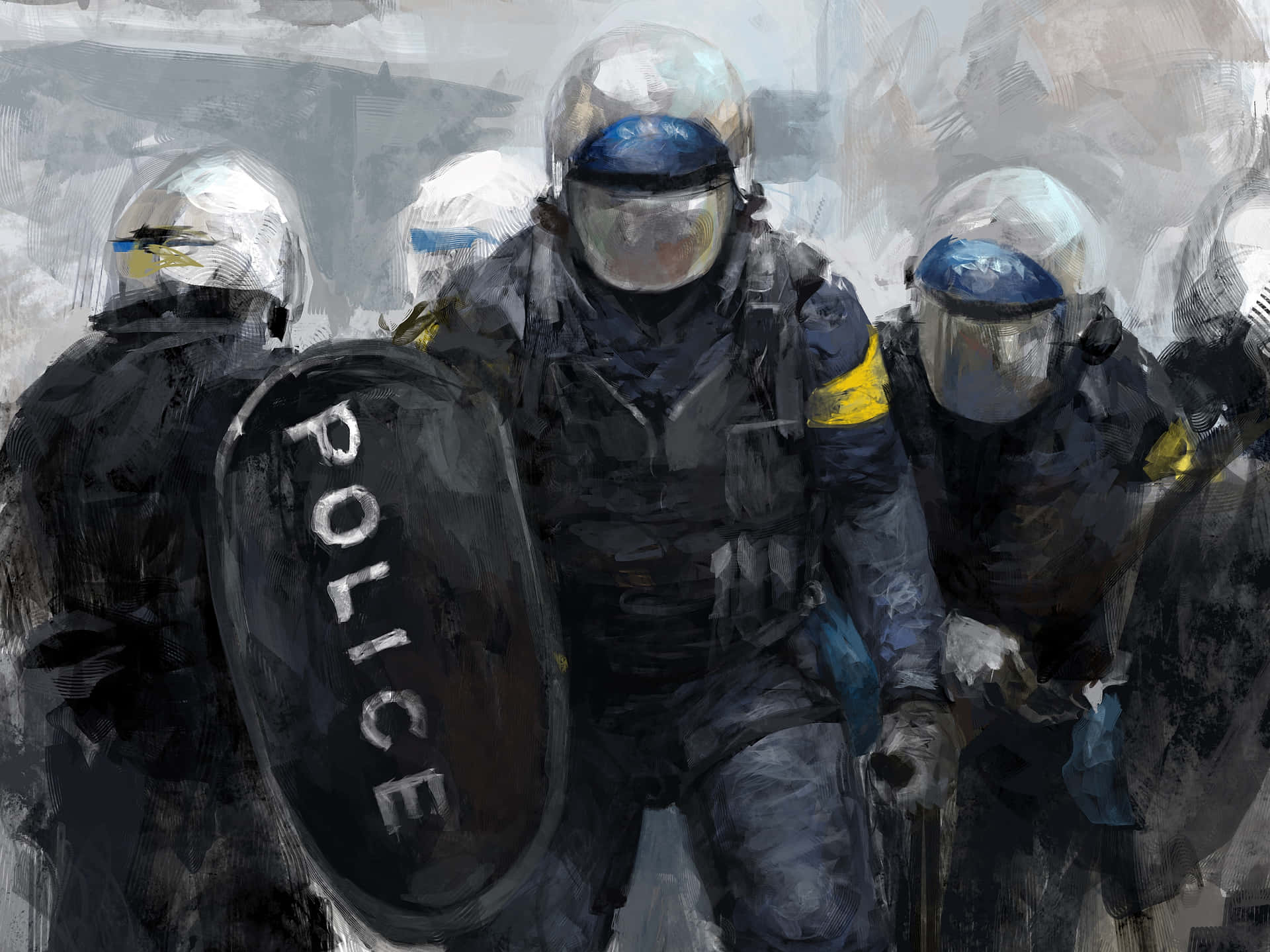 身穿防暴裝備的警察在抗議活動中手持盾牌。