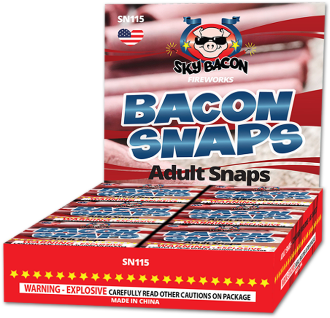 培根啪啪煙花盒 壁紙 — 一個紅色盒裝的 Sky Bacon Fireworks Bacon Snaps，帶有粗體藍色文字和卡通豬標誌，背景充滿愛國色彩。