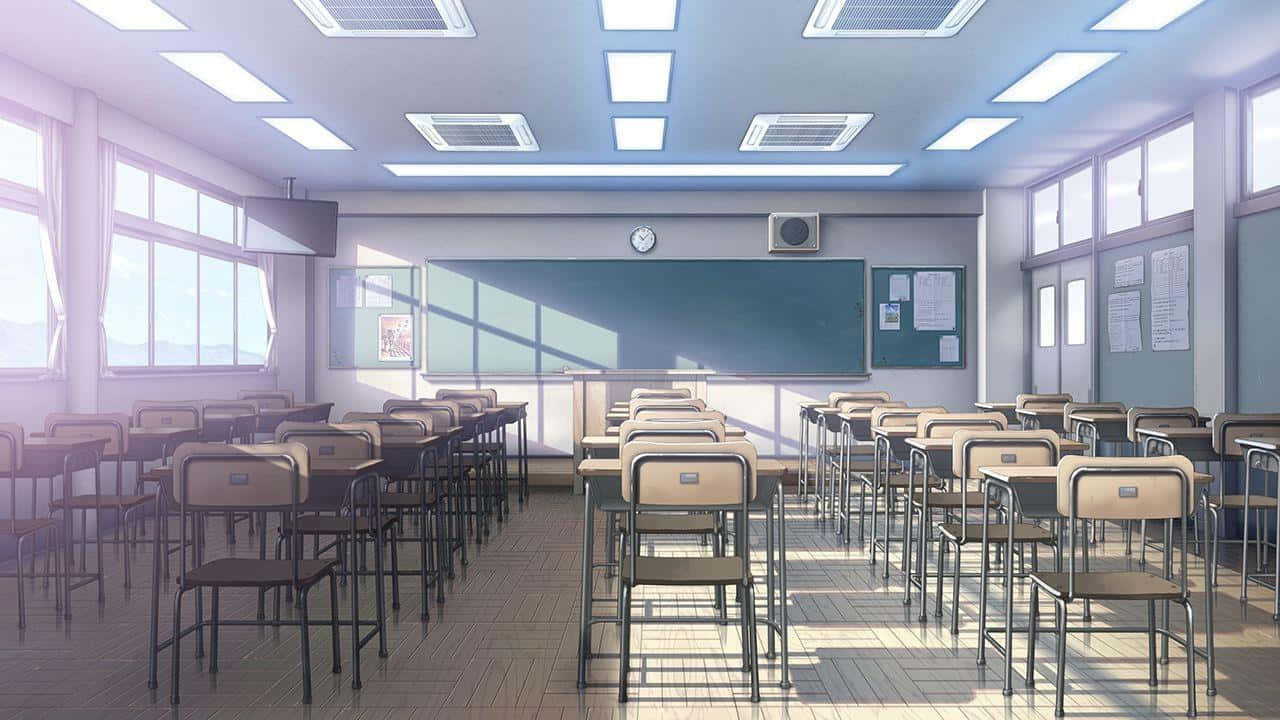 陽光照耀的空教室，一排排桌子和一塊綠色黑板。