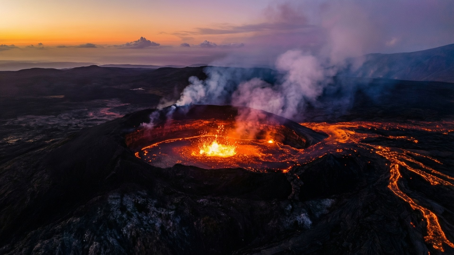 火山口在日落時噴發發光的熔岩