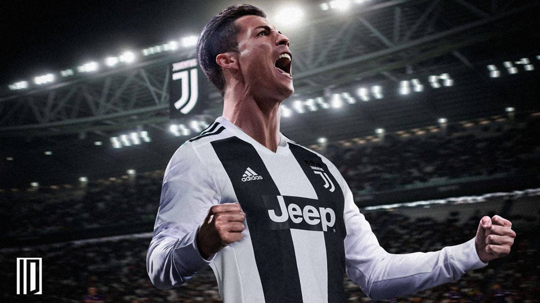 Cristiano Ronaldo 桌布 壁紙 — 基斯坦奴·朗拿度在球場燈光下穿著祖雲達斯球衣熱情慶祝，背景有咆哮的球迷。
