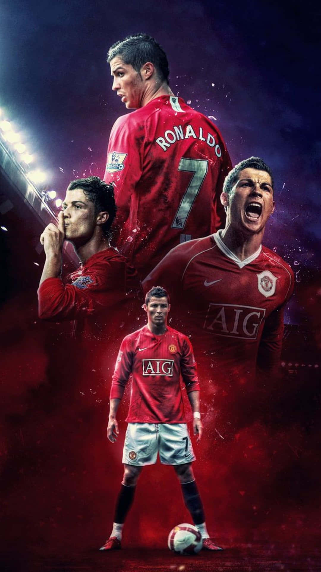 Cristiano Ronaldo 桌布 壁紙 — 基斯坦奴·朗拿度身穿曼聯紅色球衣，在熾熱的球場背景下擺出戲劇性姿勢的動態拼貼畫。