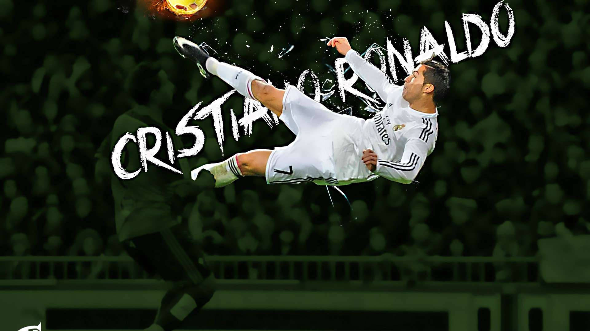 Ronaldo 桌布 壁紙 — 基斯坦奴·朗拿度身穿白色球衣在空中以戲劇性的動作擊球，背景是模糊的球場人群。
