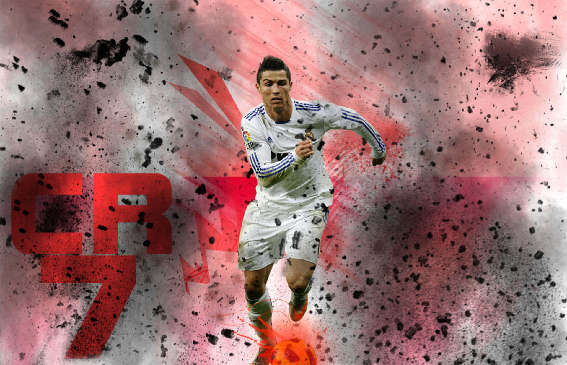 Ronaldo 桌布 壁紙 — 基斯坦奴·朗拿度身穿白色皇家馬德里球衣，在濺有紅色和黑色的背景上動態衝刺，並帶有粗體CR7標誌。