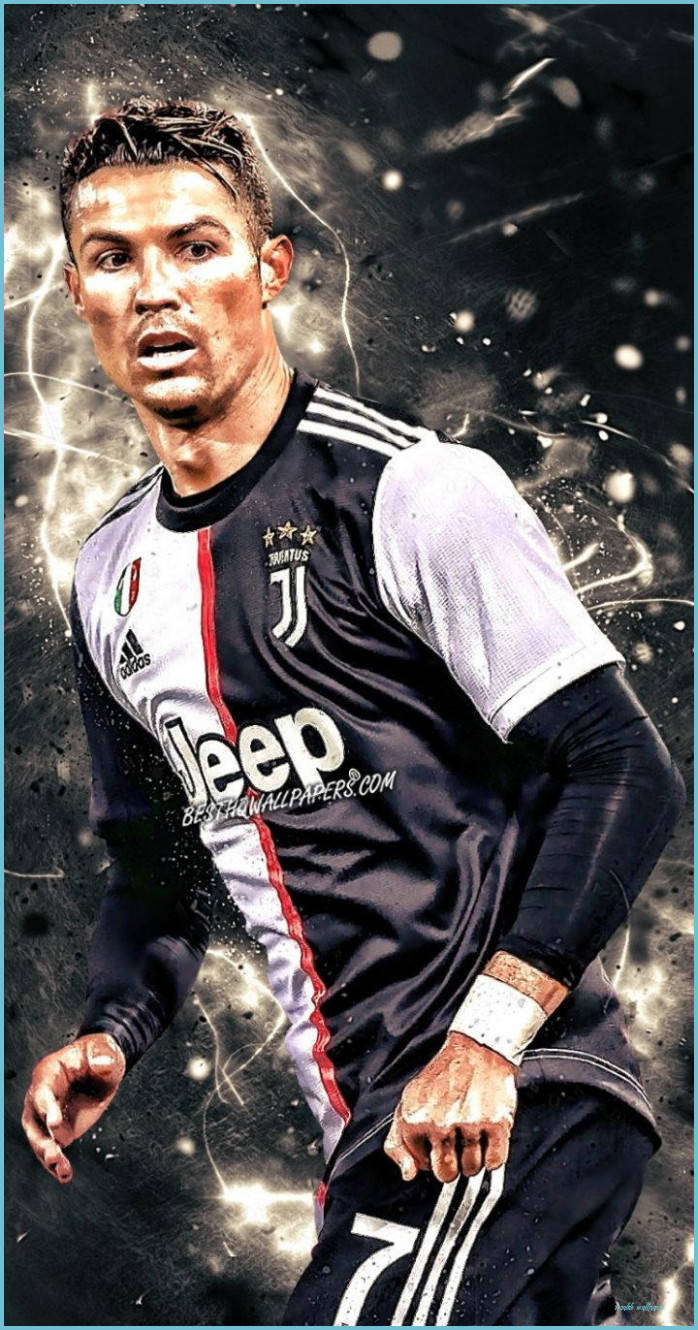 Ronaldo 桌布 壁紙 — 基斯坦奴·朗拿度身穿祖雲達斯球衣，在充滿粒子的黑暗背景前以電光石火般的能量衝刺。