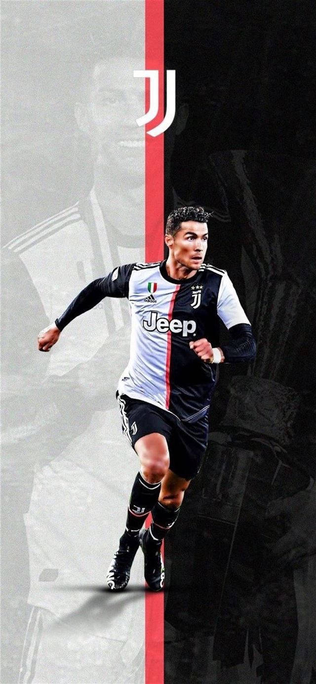 Ronaldo 桌布 壁紙 — 基斯坦奴·朗拿度身穿祖雲達斯球衣衝刺的動態肖像，一條大膽的紅色垂直條紋將褪色的灰階背景一分為二。