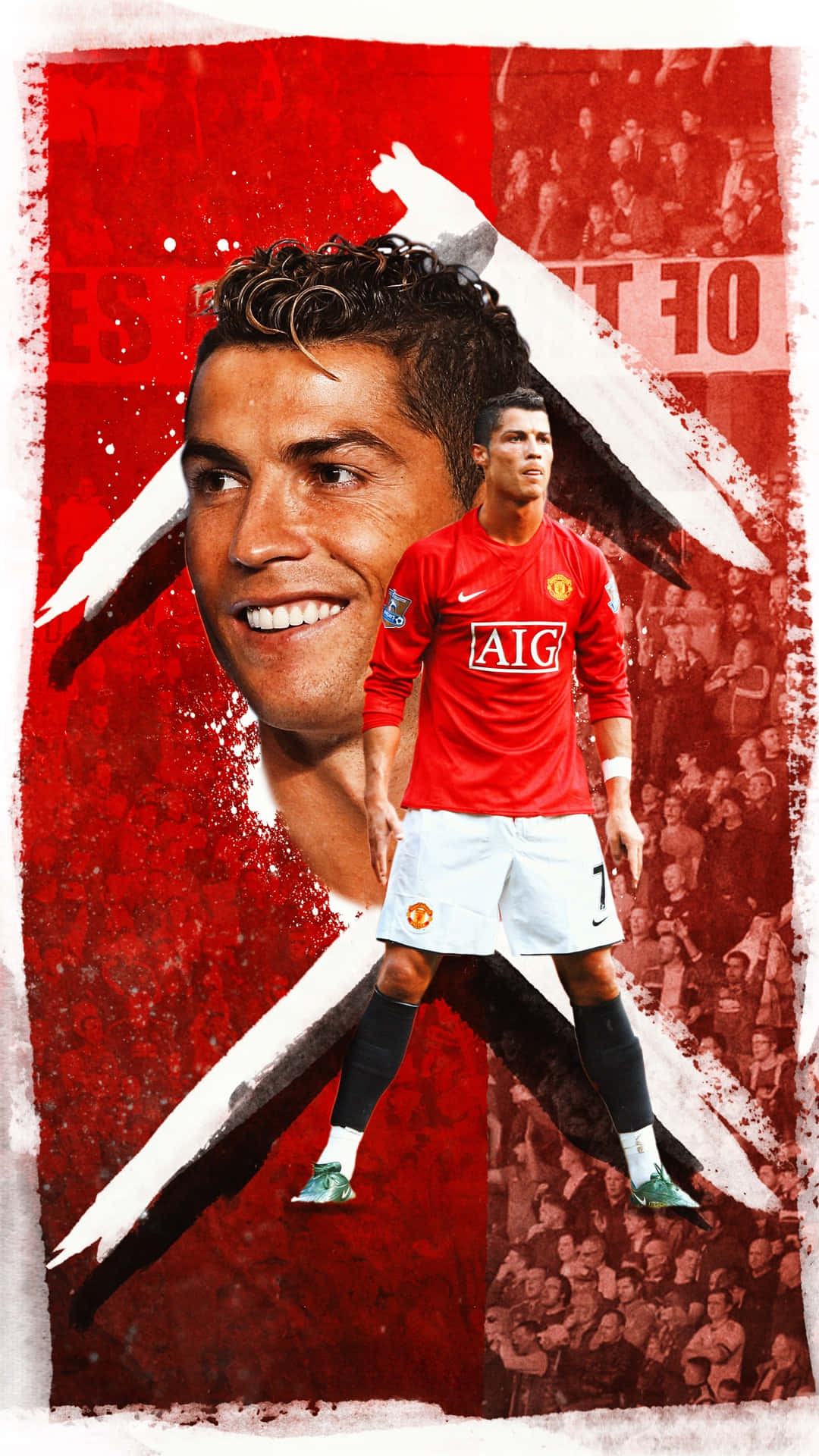 Cristiano Ronaldo 桌布 壁紙 — 基斯坦奴·朗拿度身穿紅色曼聯球衣的動態拼貼畫，背景為充滿活力的紅白紋理及人群圖像。