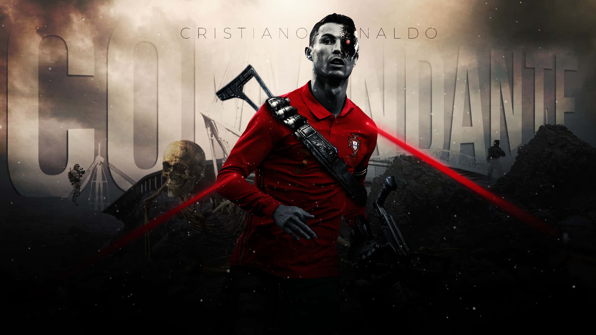 Cristiano Ronaldo 桌布 壁紙 — 基斯坦奴·朗拿度身穿紅色球衣，在黑暗的戰爭背景中，有發光的紅色激光束，頭骨和士兵，他挑釁地站立。