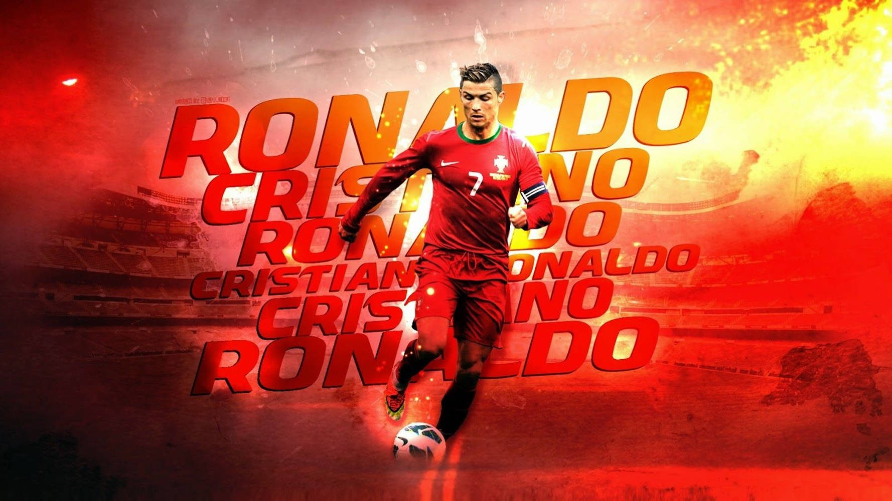 Cristiano Ronaldo 桌布 壁紙 — 基斯坦奴·朗拿度身穿紅色葡萄牙球衣，在熾熱的紅橙色球場背景下盤球，他的名字以粗體文字重複出現。