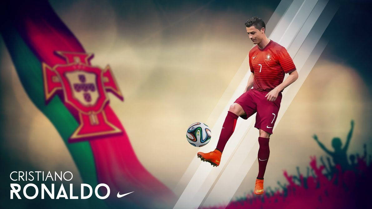 Cristiano Ronaldo 桌布 壁紙 — 基斯坦奴·朗拿度身穿紅色葡萄牙球衣，在模糊的旗幟和歡呼人群背景下控球。