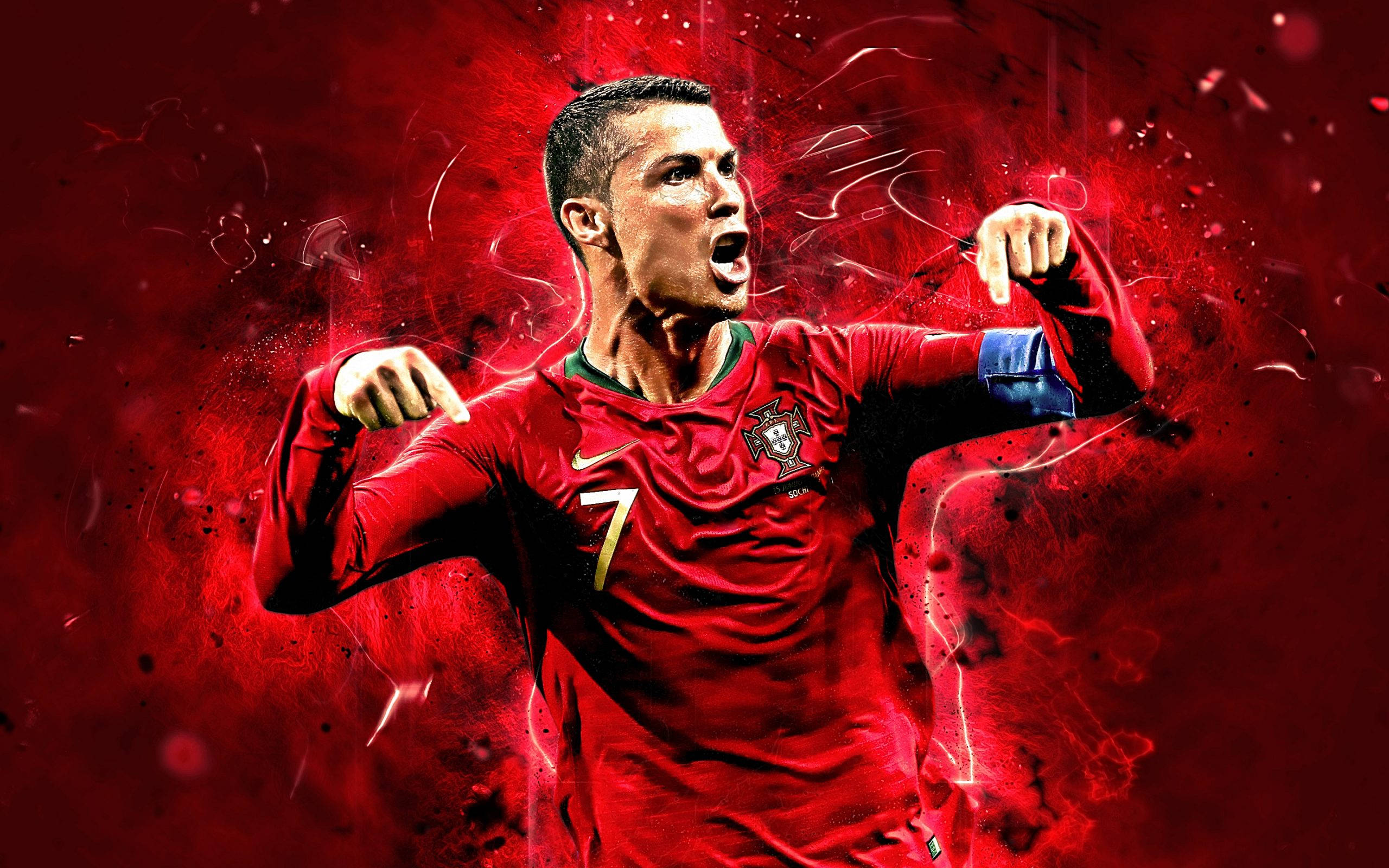 Ronaldo 桌布 壁紙 — 基斯坦奴·朗拿度身穿葡萄牙球衣，在火紅抽象背景和電能爆發中勝利慶祝。