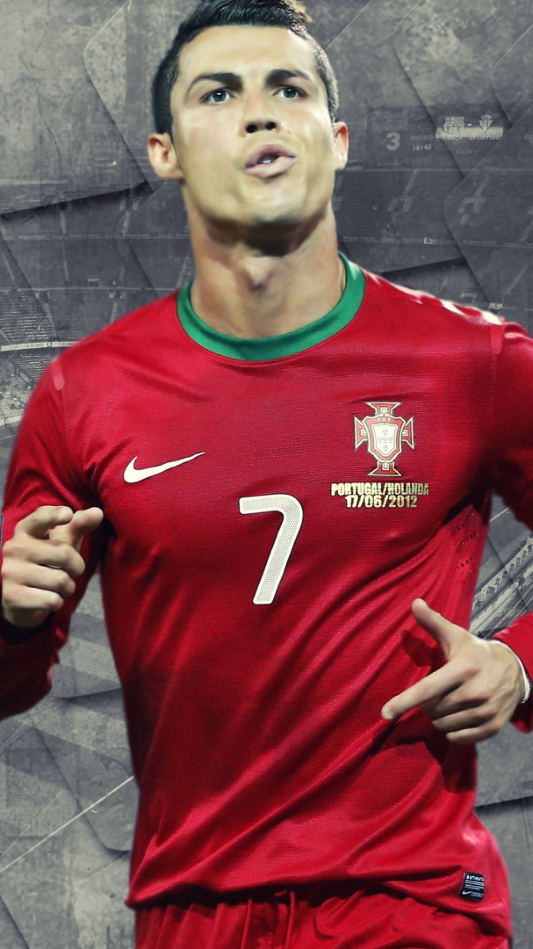 Cristiano Ronaldo 桌布 壁紙 — 基斯坦奴·朗拿度身穿葡萄牙紅色7號球衣，在紋理灰色背景前自信地指向一側。