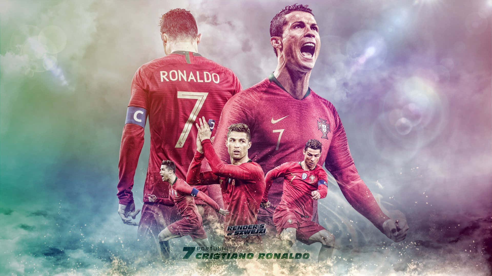 Ronaldo 桌布 壁紙 — 基斯坦奴·朗拿度身穿葡萄牙紅色球衣，在旋轉的彩色迷霧背景下以多個動態姿勢慶祝勝利。