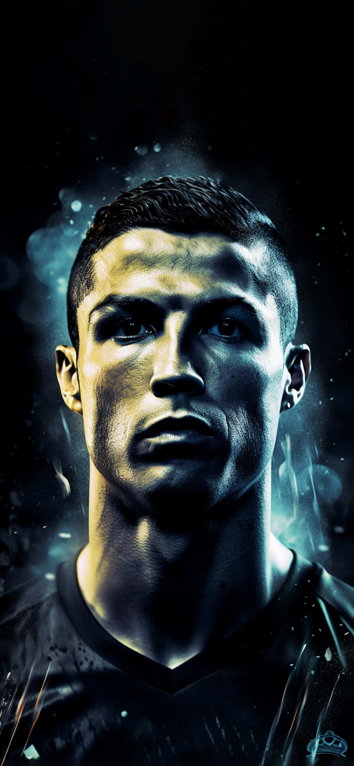 Cristiano Ronaldo 桌布 壁紙 — 基斯坦奴朗拿度嘅戲劇性肖像，喺黑暗宇宙背景中帶有發光粒子，眼神凌厲。