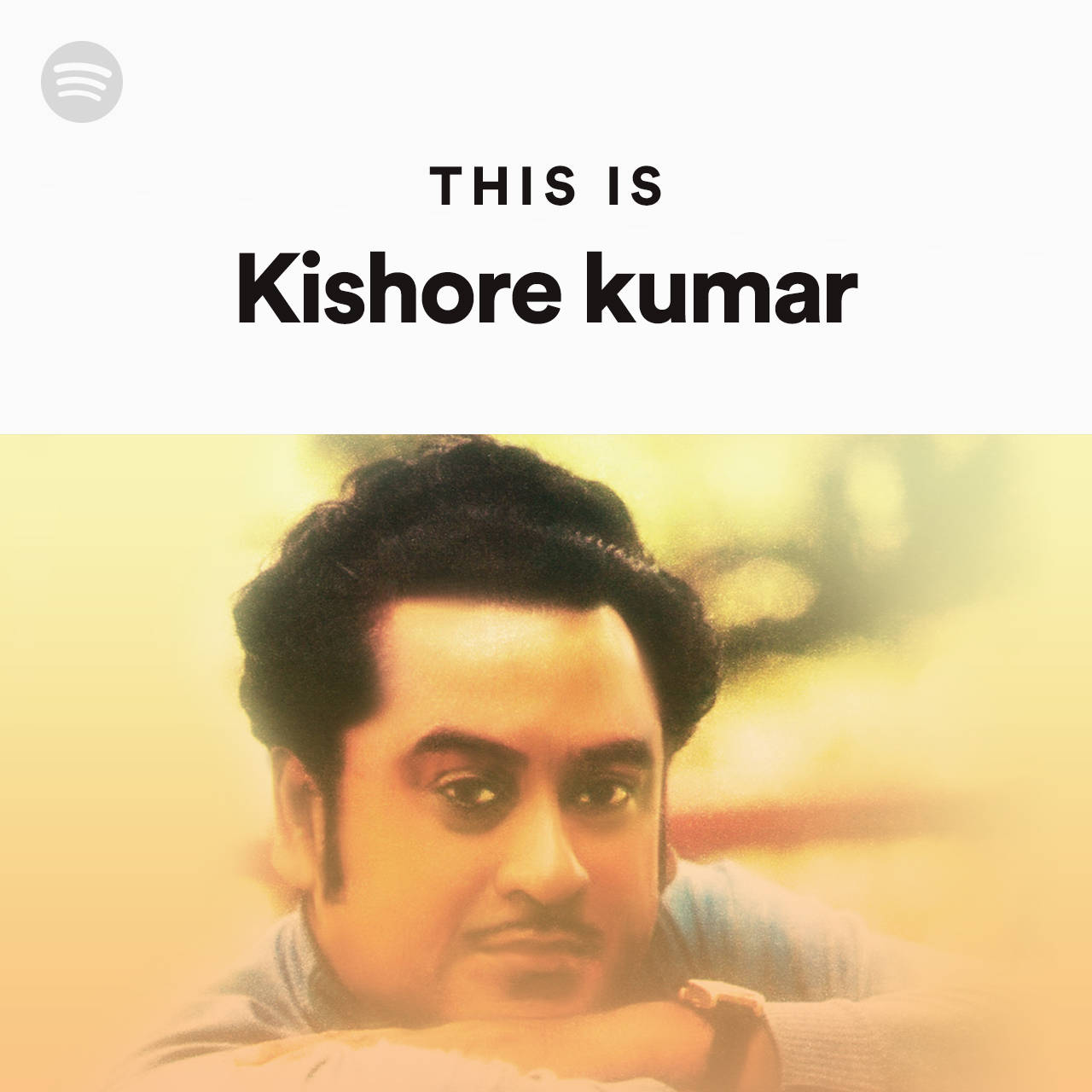 Kishore Kumar 嘅肖像，黃色背景上寫住 'This is Kishore Kumar'。
