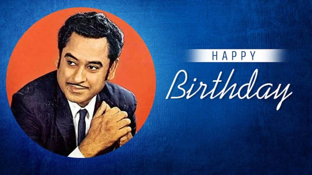 Happy Birthday 祝福，背景為藍色，帶有微笑的西裝男子。
