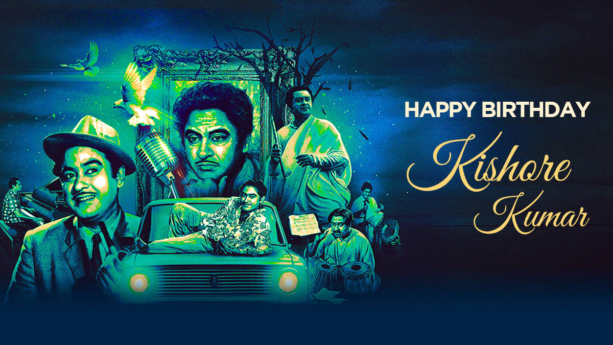 生日快樂Kishore Kumar 致敬海報，星空夜空下復古車和音樂家。