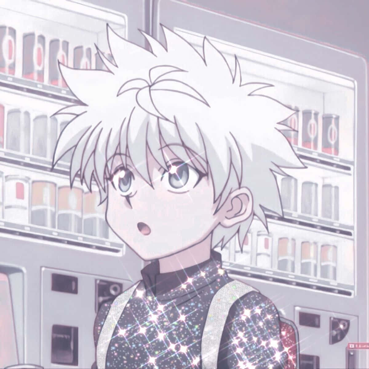 白髮閃亮服裝的動漫男孩在自動販賣機前顯得驚訝。