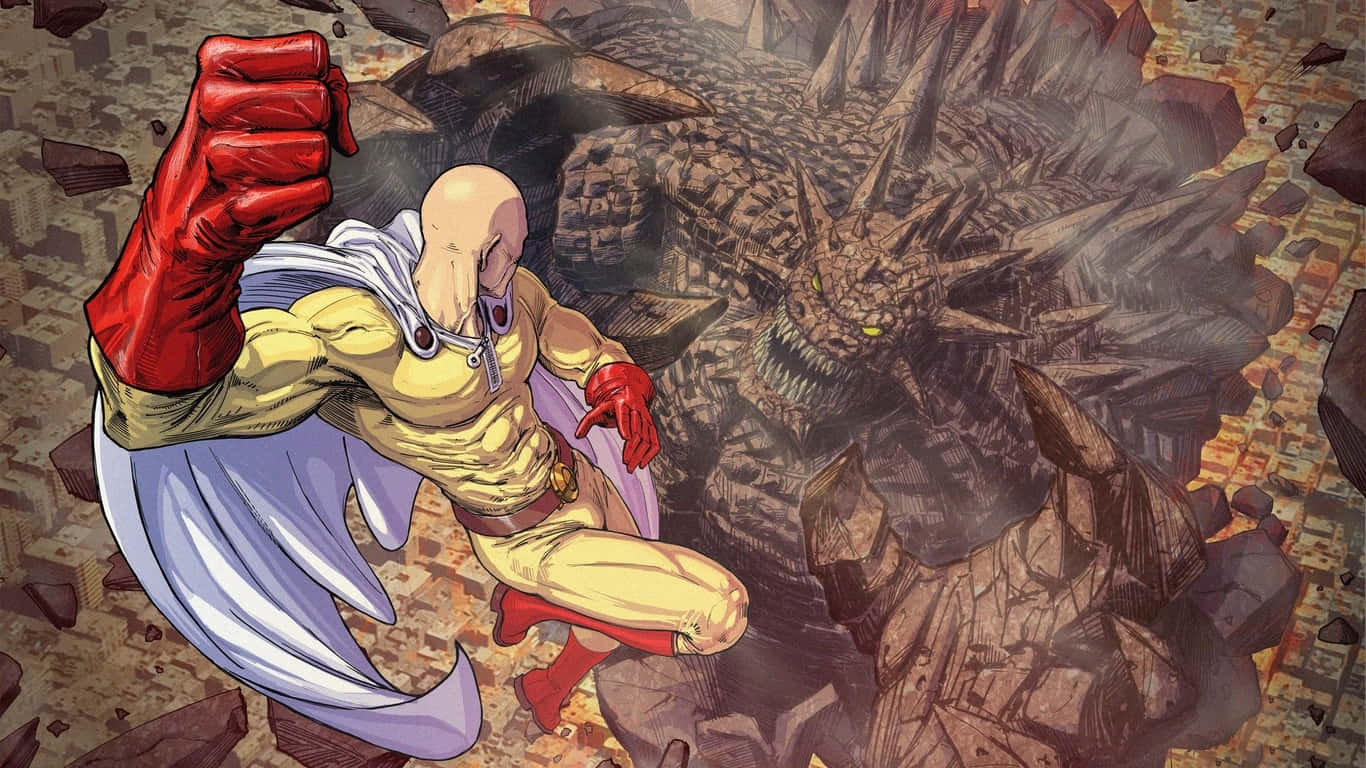 One Punch Man在廢墟城市中與一隻巨大的尖刺怪物戰鬥。