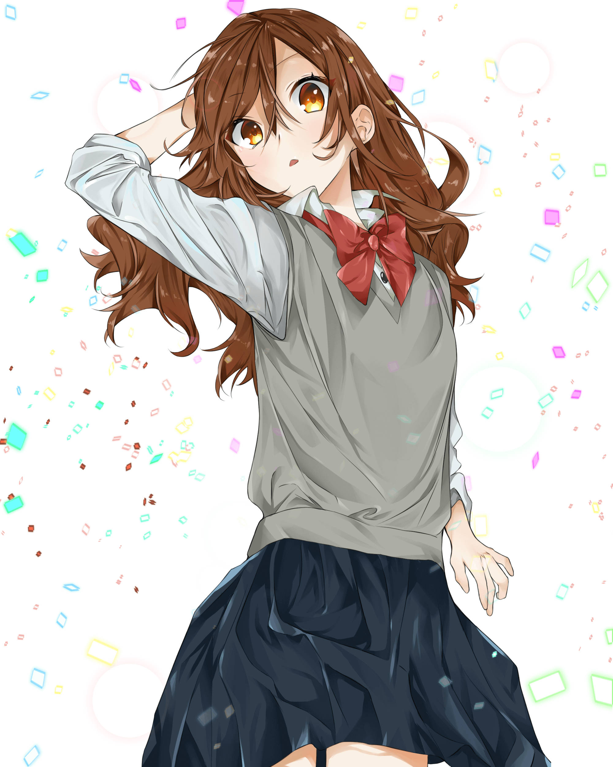 堀京子《堀與宮村》 壁紙 — 動漫女孩，棕色頭髮，火熱眼睛，穿著校服，在白色背景前，彩色紙屑中微笑。