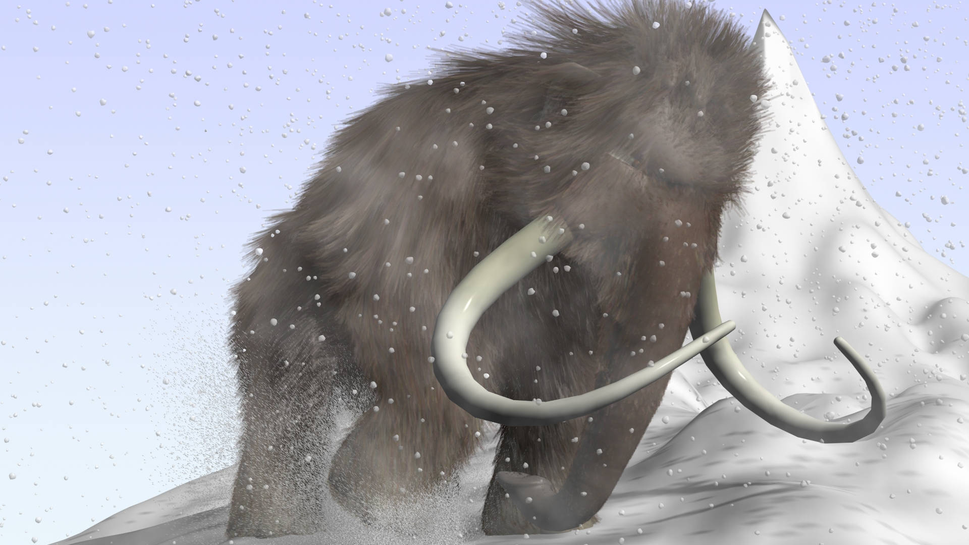 堅定猛犸象征服暴風雪 壁紙 — 一頭長有彎曲象牙的長毛猛獁象，在飄雪中艱難地行走在積雪的山峰旁。