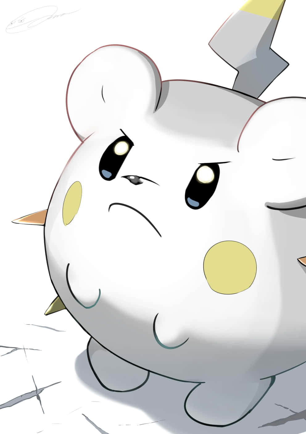 堅定的 Togedemaru 壁紙 — 一隻可愛的胖胖寶可夢，有黃色臉頰和閃電尾巴，在裂開的白色背景上看起來很生氣。