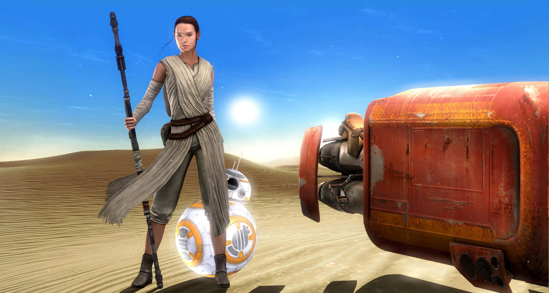 Jakku 桌布 壁紙 — 堅定的Rey在沙漠中手持長杖，站在BB-8和一輛紅色飛梭摩托旁，烈日當空。
