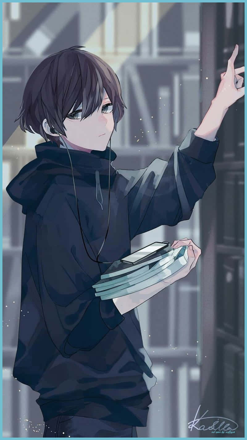 動漫青少年穿著連帽衫，手持書本，在城市中聽音樂時向上指。